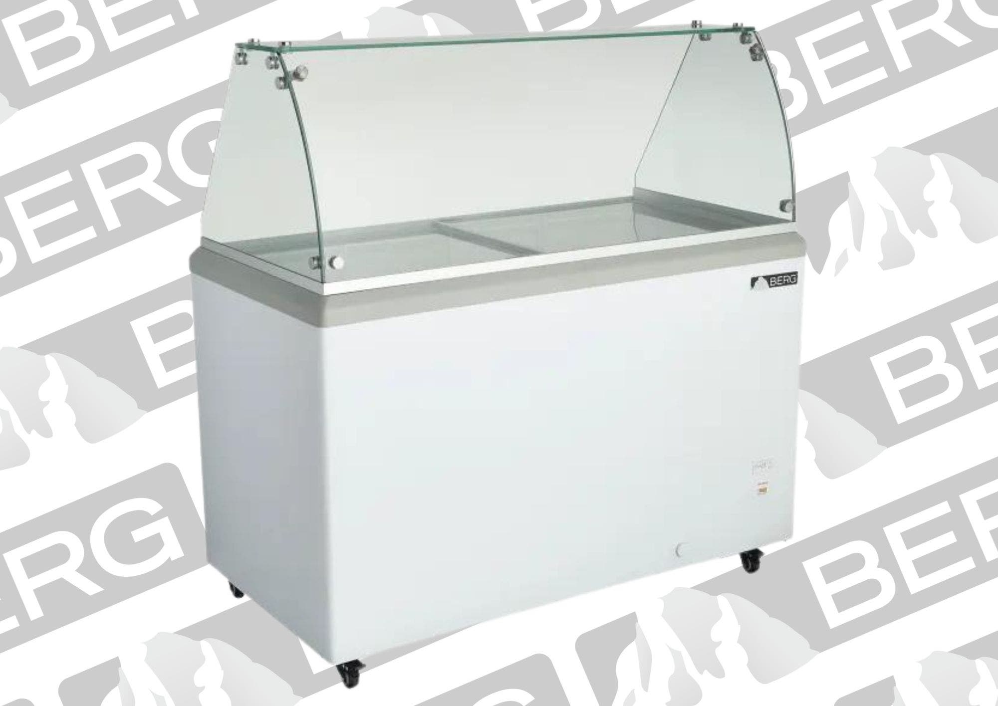 A white Berg Ice Cream Dipping Cabinet with a glass sneeze guard.