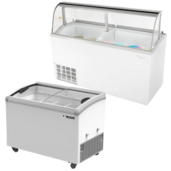 Berg Ice Cream Dipping Cabinet and Berg Curved Glass Top Display Freezer.