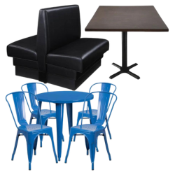 Black double sided booth, a dining-height table, and a blue stamped metal round table and four chairs.