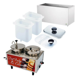 Ice cream toppings dispenser system with stainless steel rail, two white plastic fountain jars, a stainless steel lid with black handle, & a clear hinged lid with a black handle. A hot fudge and caramel warmer with both a hinged lid with ladle & pump lid