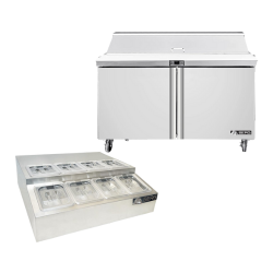 A refrigerated sandwich prep table and a countertop refrigerated prep station.