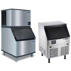 A Manitowac ice maker on an ice bin, and a Berg undercounter ice machine.