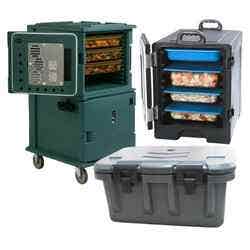 One Green Cambro two compartment heated food pan carrier, one Carlisle cateraide black insulated front loader food carrier, and one Bradford Hall Gray Insulated Top Loader for a single food pan.