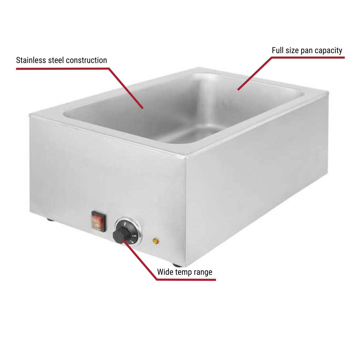 Sentinel Full Size Stainless Steel Countertop Food Warmer 14-1/2"W With Callouts to Stainless Steel Construction, Full Size Pan Capacity, Wide Temp Range