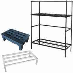 A black plastic dunnage rack, an aluminum dunnage rack, a black epoxy coated keg rack.