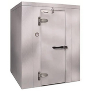 KoldFront Kolpak walk-in cooler. Silver walk-in cooler with hinged door.