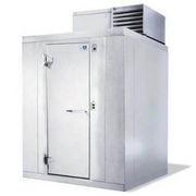 Kolpak indoor walk-in cooler. Silver with hinged door.