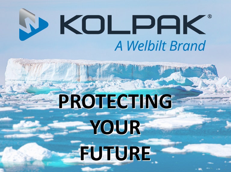 Kolpak a Welbilt Brand superimposed over a photograph of an iceberg floating in water. Protecting your future written on the right side of the image.
