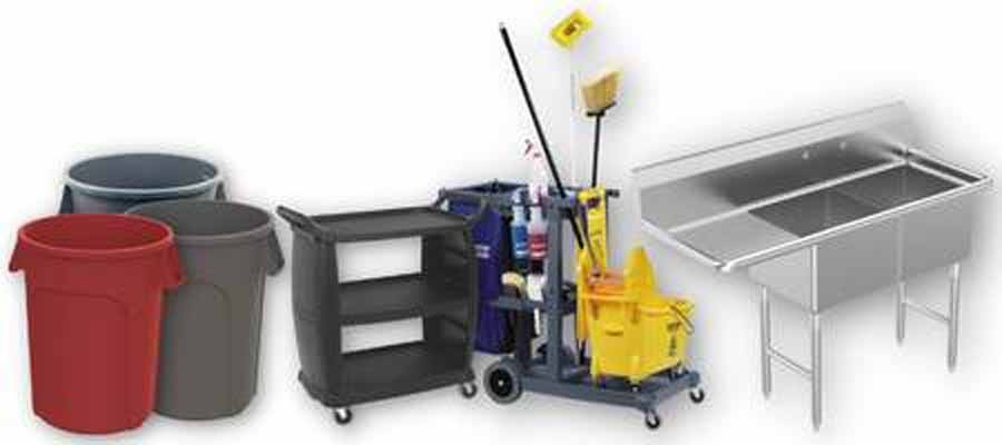 Restaurant maintenance and janitorial equipment and supplies pictured on a white background. Pictured are three round trash cans, a bus cart, a janitorial cart, and a stainless steel sink with a drainboard.