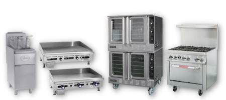 Pictures of cooking equipment on white background. Pictured are a floor model deep fryer, a three burner charbroiler, a griddle, a double deck convection oven, and a six burner range with an oven.