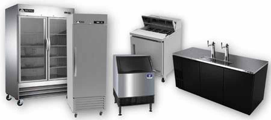 Pictures of commercial refrigeration and ice equipment on a white background: two glass door refrigerator, one door solid door refrigerator, ice bin, refrigerated prep table, beer tap.