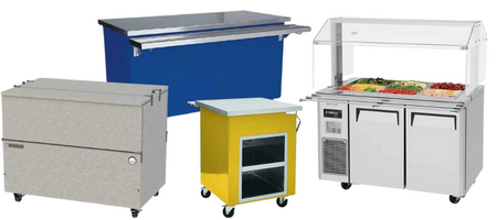 Equipment pictured on a white background. Pictured are a grey double sided milk cooler; two serving counters one with a blue base, a stainless steel top and tray guide, the other with a yellow base and stainless steel top, and a cold buffet table.