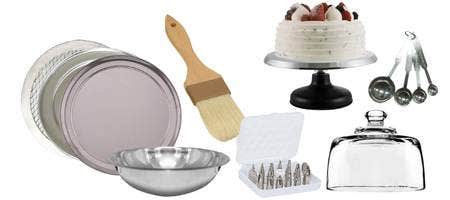 White background with pictures of four pizza pans, a stainless steel mixing bowl, a pastry brush, a set of piping tips, a cake sitting on a rotating cake stand, a glass cake stand lid, a set of metal measuring spoons.