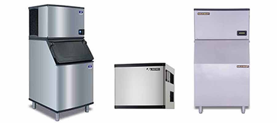 Pictures of restaurant ice machine on white background: ice maker on ice bin, modular ice maker, hotel ice maker.