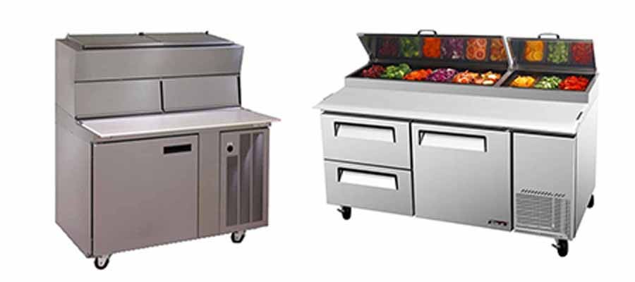 Pictures of two refrigerated prep tables on a white background.