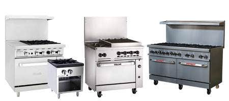 Four ranges on a white background. One four-burner range with a griddle and oven. One two-burner range with a charbroiler and oven. One 12-burner range with two ovens. One stock pot range.