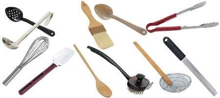 Pictures of utensils on a white background: slotted spoon; metal ladle; wire whisk; plastic spatula; wooden spoon; wooden pastry brush; grill brush; microplane; tongs; plastic spoon; spider strainer.