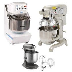 A Globe spiral mixer, a Sentinel planetary mixer, and a black KitchenAid countertop planetary mixer.