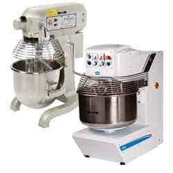 A stainless steel Sentinel planetary mixer and a white Globe spiral mixer.