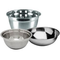 Three stainless steel metal bowls.