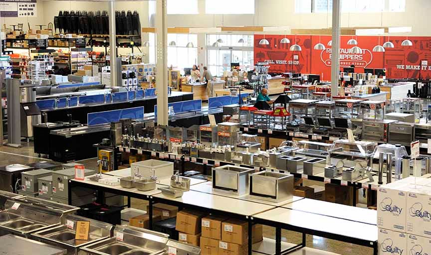 Wide angle from above of restaurant supplies and equipment in Restaurant Equipper's New Jersey store