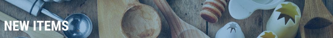 Kitchen Smallware's on a Wood Tabletop With a Blue Overlay and the Text New Items