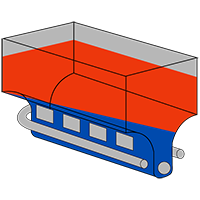 A wire frame drawing of an open pot fryer with the hot oil zone colored red and the sediment zone blue.