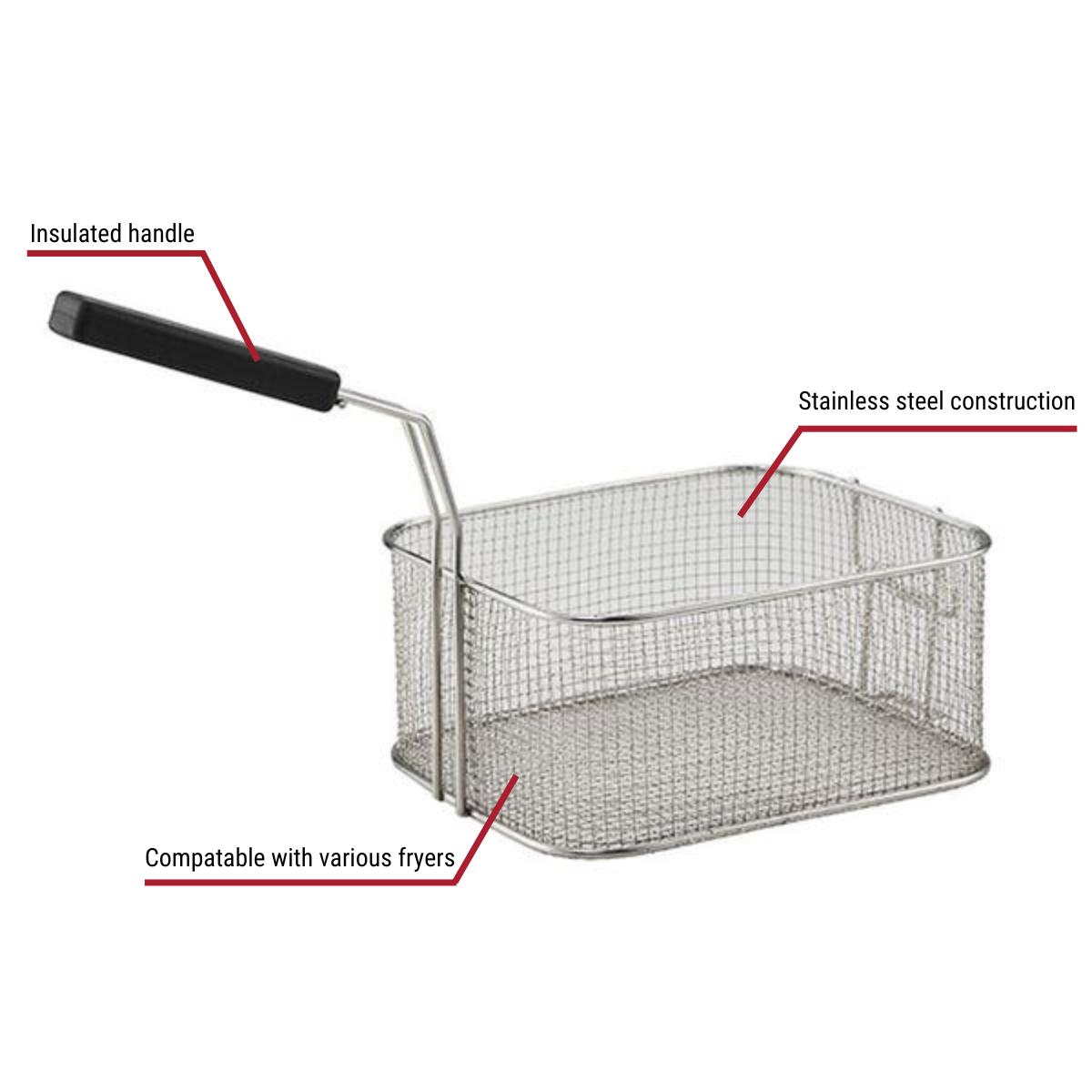 Patriot BT-350Z8D-1 Front Hook Fry Basket with Black Insulated Handle 7-1/2"W x 17"D x 5-1/2"H With Callouts to Stainless Steel Construction