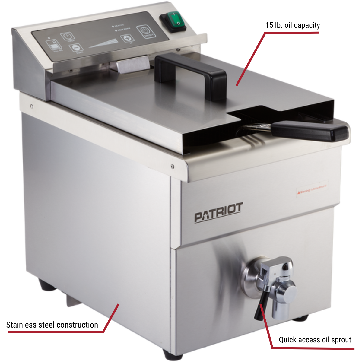Patriot BT-350Z8D 15 lb. Induction 208V Electric Countertop Fryer 11-3/8"W With Callouts to Stainless Steel Construction, Quick Access Oil Spout