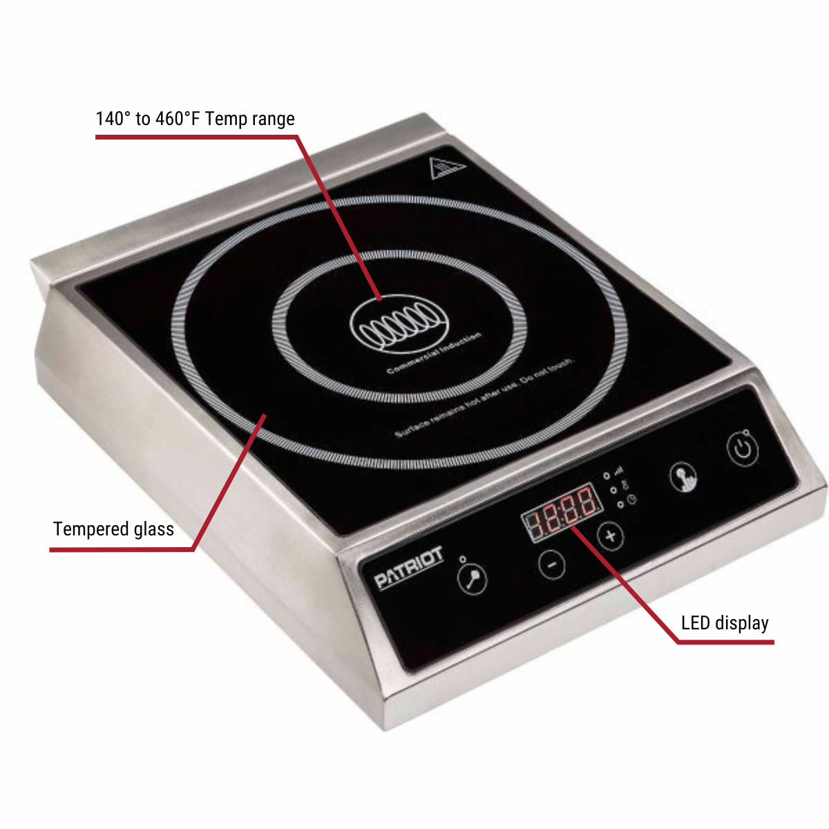 Patriot BT-270B-H2 1800W Countertop Induction Range 12-1/2'W With Callouts to 140 to 460 Degree Temp Range, Tempered Glass, LED Display