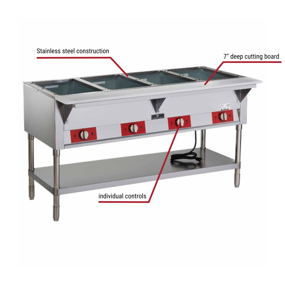 Sentinel FZ-06D2 4-Well 208/240V Electric Hot Food Table 58"W Callouts to Stainless Steel Construction, 7" Deep Cutting Board, Individual Controls
