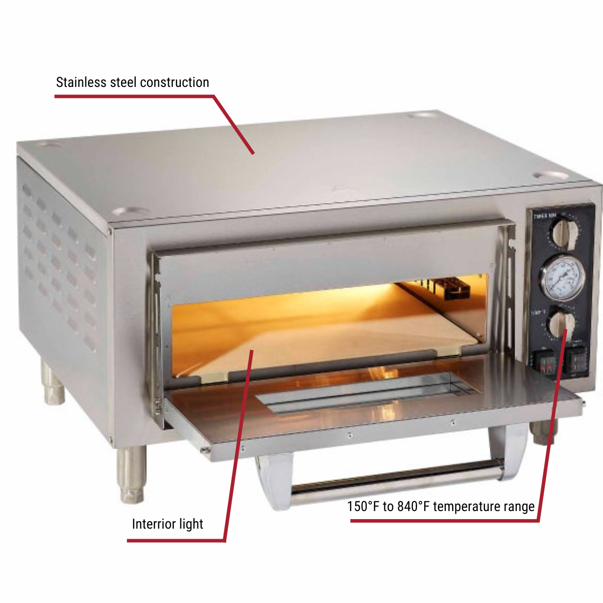 Patriot FP-08D 120V Countertop Pizza Oven with Ceramic 18" Deck 28"W With Callouts To Stainless Steel Construction, Interior Light, 150 to 840 Temperature Range