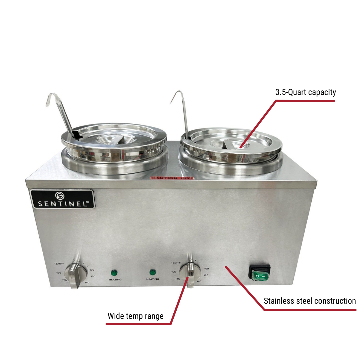 Sentinel FZ-042A Two Well 3.5-Quart Countertop Food Warmer With Callouts to 3/5 Qt Capacity, Wide Temp Range, Stainless Steel Construction