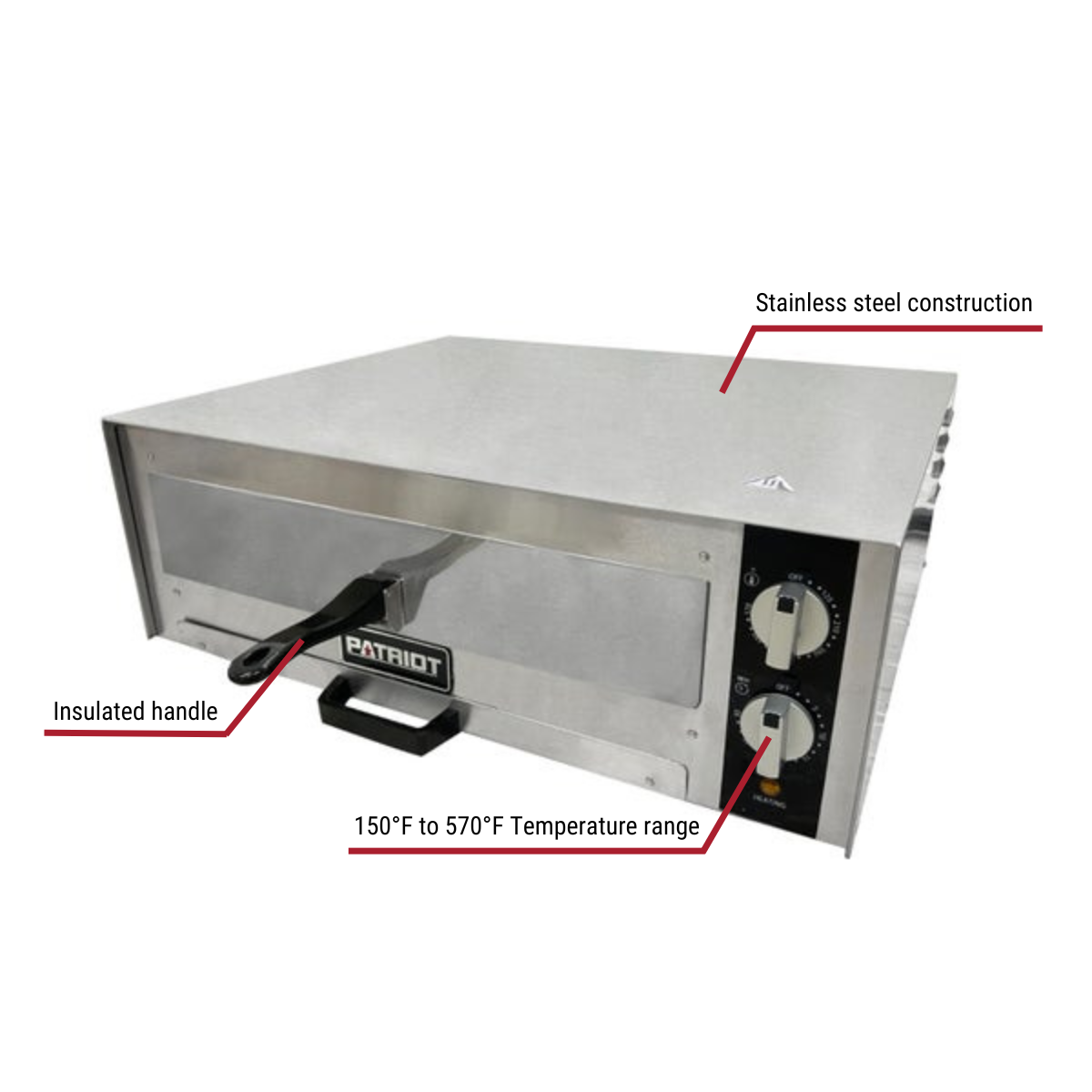 Patriot FP-07A 120V Countertop Pizza / Snack Oven with 16" Deck With Callouts To Stainless Steel Construction, Insulated Handle, And 150 To 570 Degree Temp Range