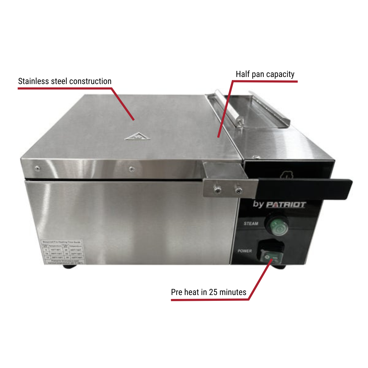 Patriot FZ-01A Stainless Steel Half Pan 120V, 1800W Electric Food Steamer