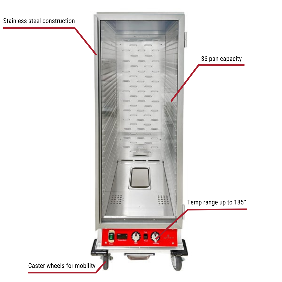Sentinel FZ-08B 36-Pan Non-Insulated Clear Door Heated Proofer Cabinet 23"W With Callouts to Stainless Steel Construction, Casters, Temp Range Up to 185 Degrees