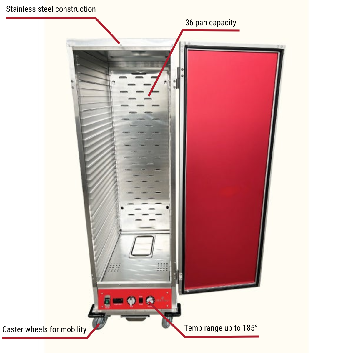 Sentinel FZ-08A36SR 36-Pan Insulated Solid Door Heated Proofer Cabinet 23"W With Callouts to Stainless Steel Construction, Casters, Temp Range Up To 185 Degrees
