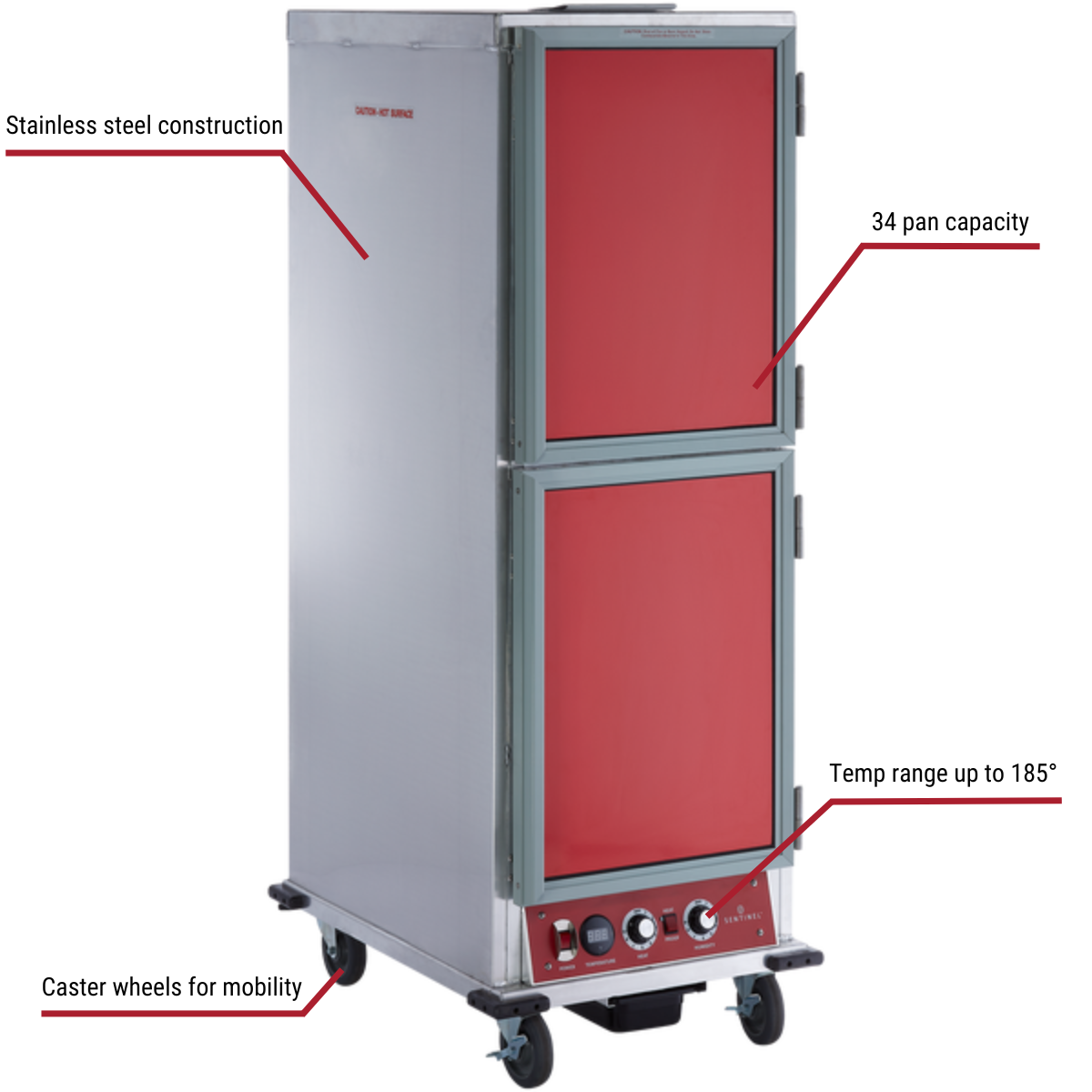 Sentinel FZ-08A16DR 34-Pan Insulated Solid Dutch Door Heated Proofer Cabinet 23-1/8"W With Callouts to Stainless Steel Construction, Temp Range Up To 185 Degrees, Casters