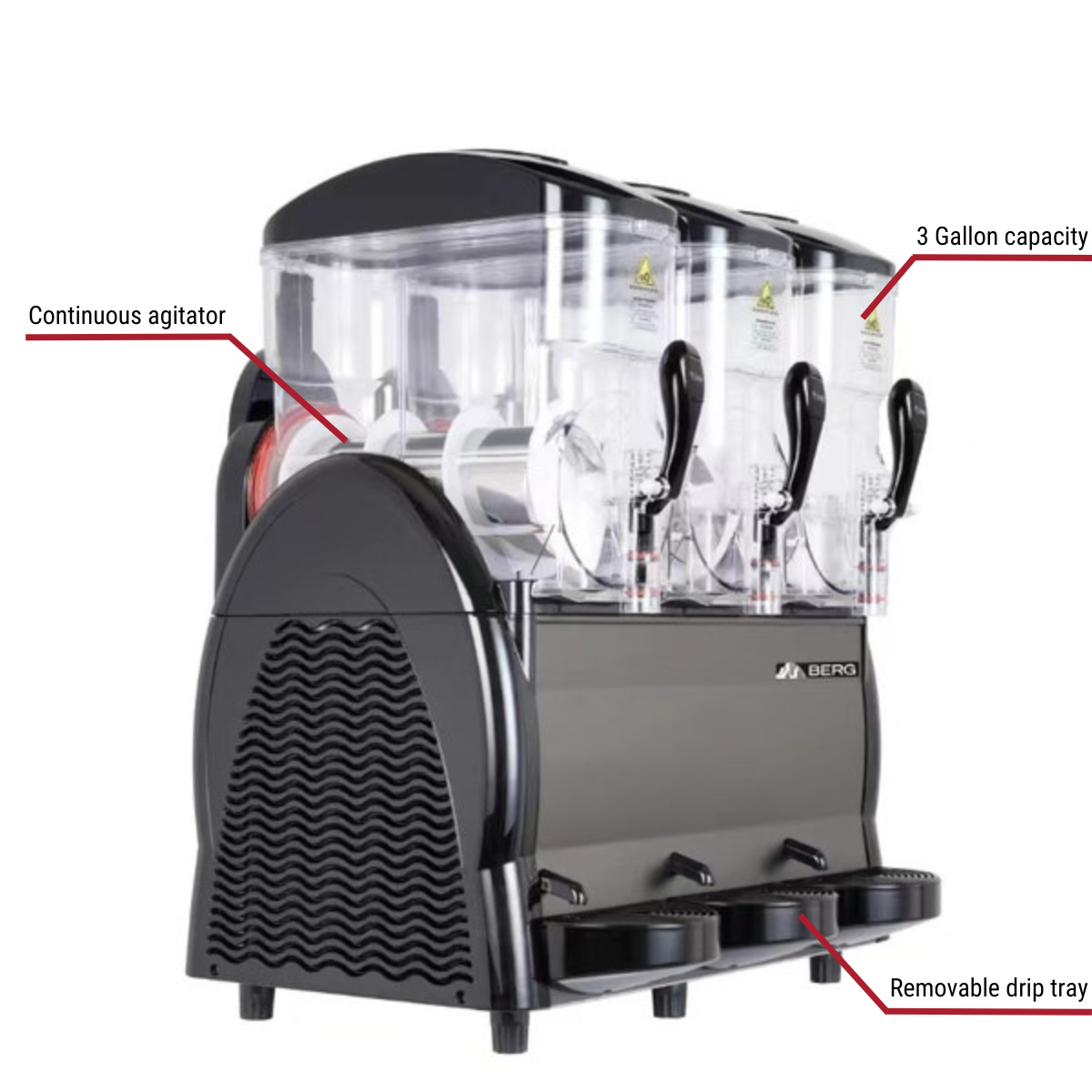 Berg 3S-US Triple 3-Gallon Bowl Granita Dispenser With Callouts to Continuous Agitator, Removable Drip Tray