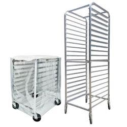 A half-sized sheet pan rack with a transparent plastic cover with zipper flaps and a Sauber full-size 20 pan end load aluminum sheet pan rack.