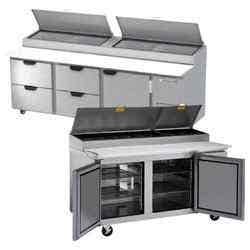 A Turbo-Air stainless steel pizza prep table with four drawers and one door. A Berg pizza prep table with two doors.