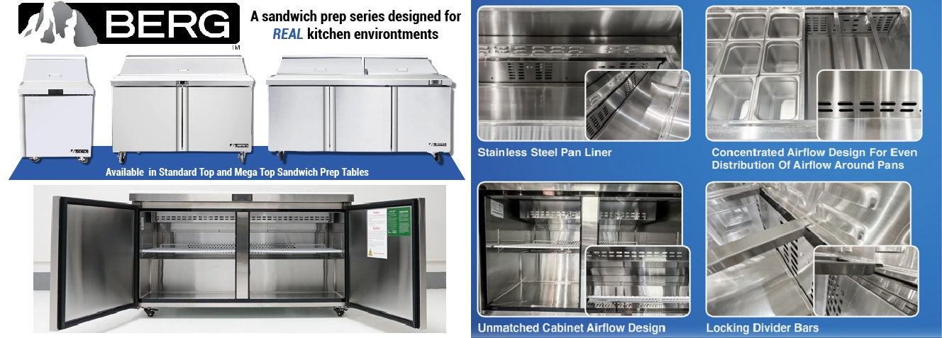 Berg refrigeration logo. A sandwich prep series designed for REAL kitchen enivonments. Available in standard top and mega top sandwich prep tables. Stainless Steel pan liner, concentrated airflow design for even distribution of airflow around pans.