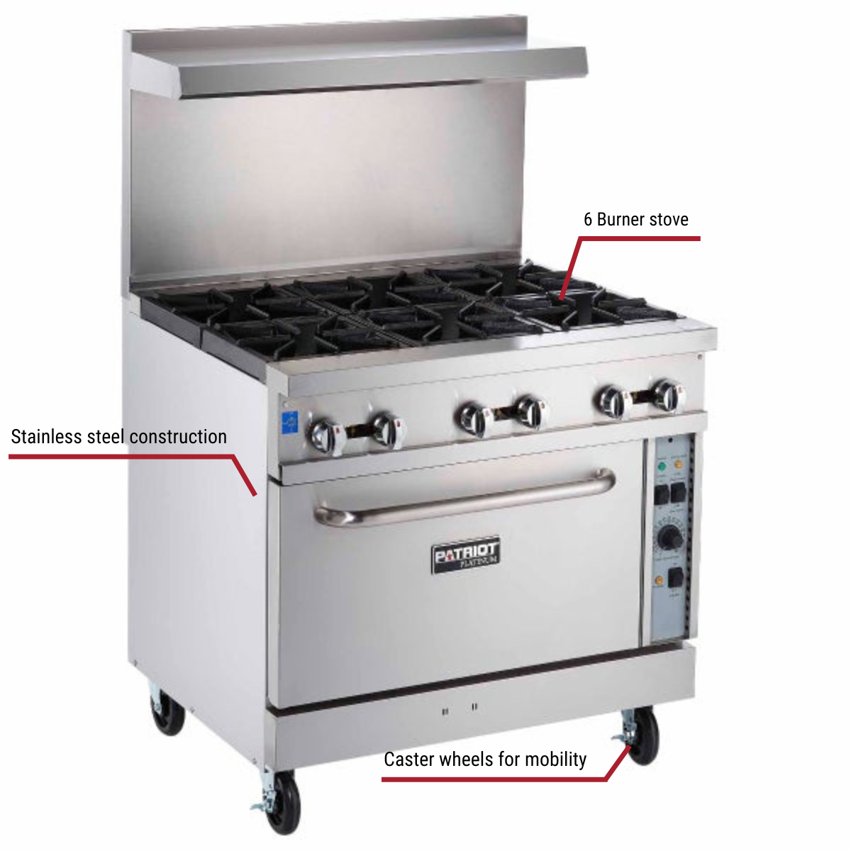 Patriot Platinum PT-RGR36C 6-Burner Natural Gas Range with Convection Oven 36"W With Callouts To 6 Burner Stove, Stainless Steel Construction, Caster Wheels