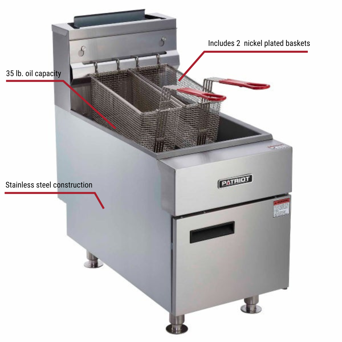 Patriot PT-CTF-3NG Natural Gas 35 lb. Countertop Fryer 66,000 BTU 14-3/4"W With Callouts to Nickel Plated Baskets, Stainless Steel Construction