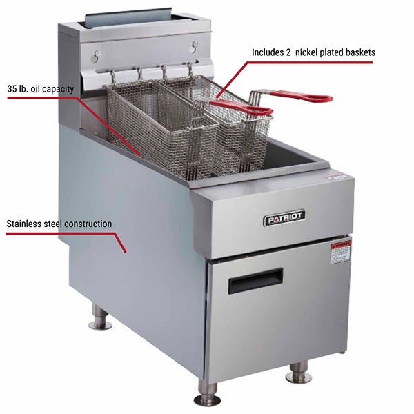 Patriot PT-CTF-3LP Liquid Propane 35 lb. Countertop Fryer 66,000 BTU 14-3/4"W With Callouts to Nickel Plated Baskets, Stainless Steel Construction