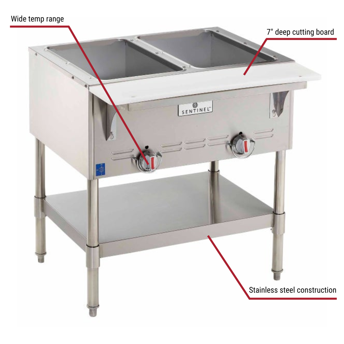 Sentinel SN-GBM-2LP 2-Well Liquid Propane Hot Food Steam Table 30-1/2"W with callouts to wide temp range, cutting board, and stainless steel