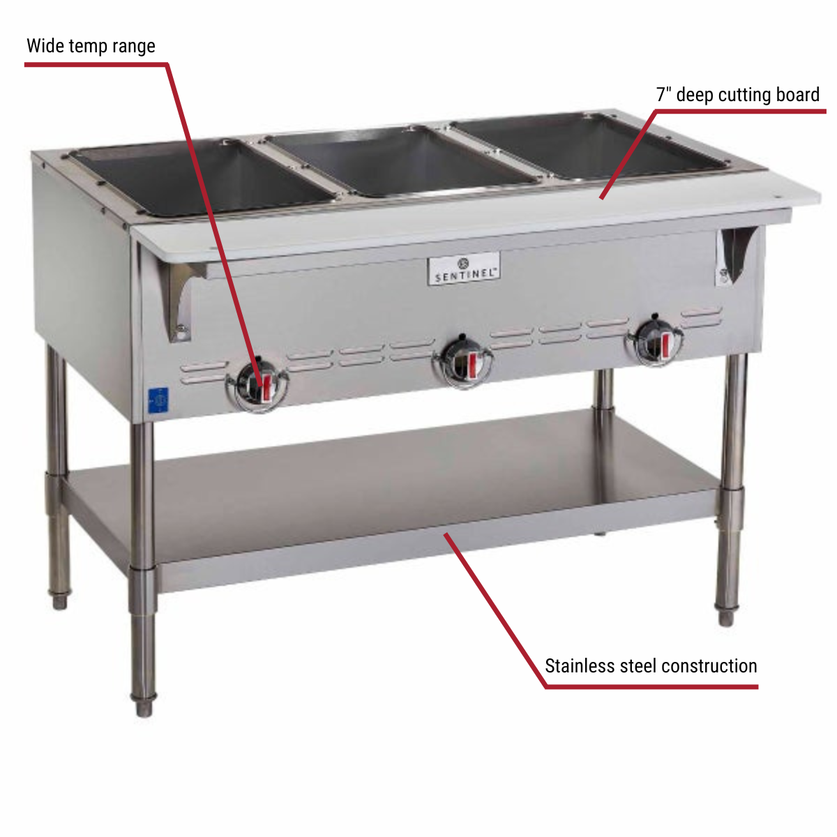 Sentinel SN-GBM-3NG 3-Well Natural Gas Hot Food Steam Table 44-1/2"W With Callouts to Wide Temp Range, 7" Deep Cutting Board, Stainless Steel Construction