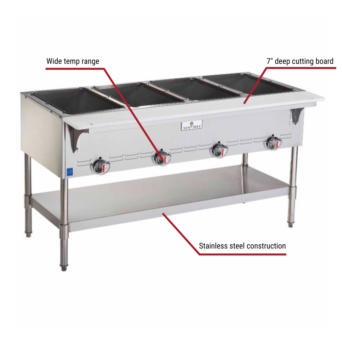 Sentinel SN-GBM-4NG 4-Well Natural Gas Hot Food Steam Table 58-1/2"W With Callouts to Wide Temp Range, 7" Deep Cutting Board, Stainless Steel Construction