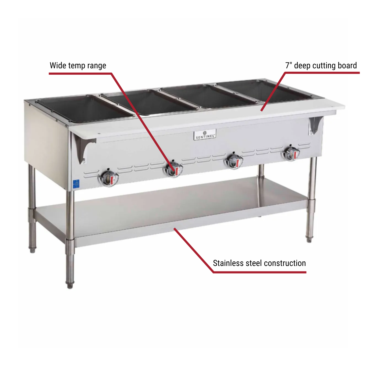 Sentinel SN-GBM-4LP 4-Well Liquid Propane Hot Food Steam Table 58-1/2"W With Callouts to Wide Temp Range, 7" Deep Cutting Board, Stainless Steel Construction
