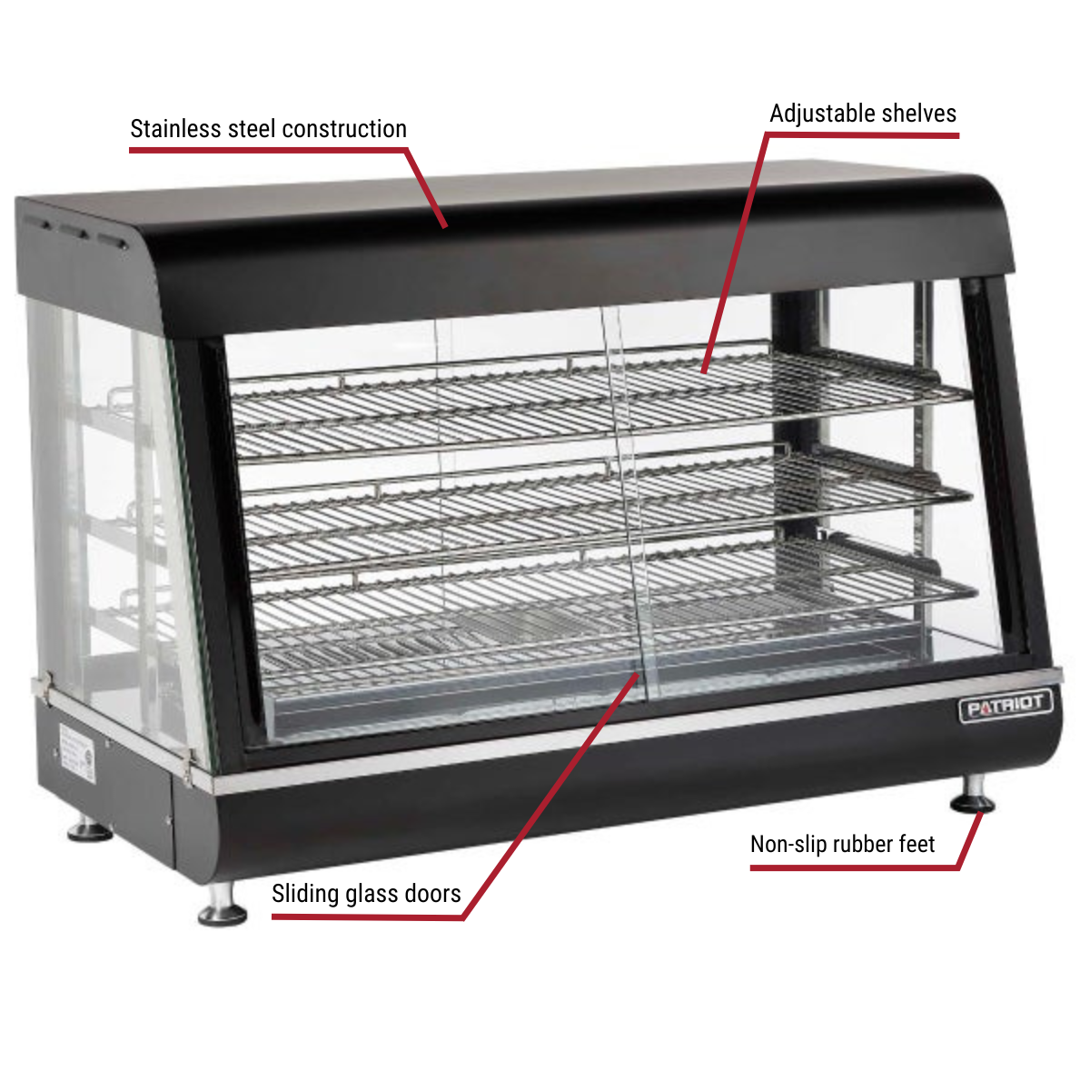 Patriot PT-R60-1C Heated Pass-Thru Merchandiser 35-1/2"W With Callouts to Stainless Steel, Adjustable Shelves, Sliding, Glass Doors, Rubber Feet